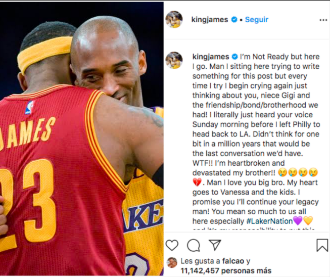 LeBron escribió conmovedor mensaje a Kobe Bryan