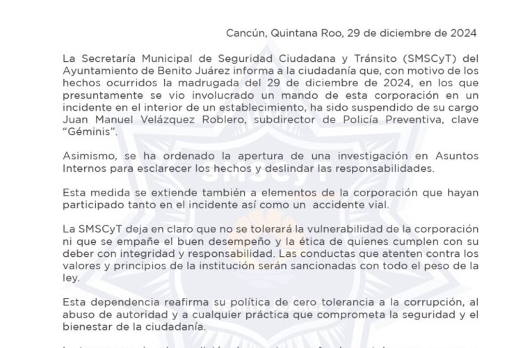 Suspenden a Subdirector de Policía Preventiva en Cancún por presunta alteración del orden e incidente vial