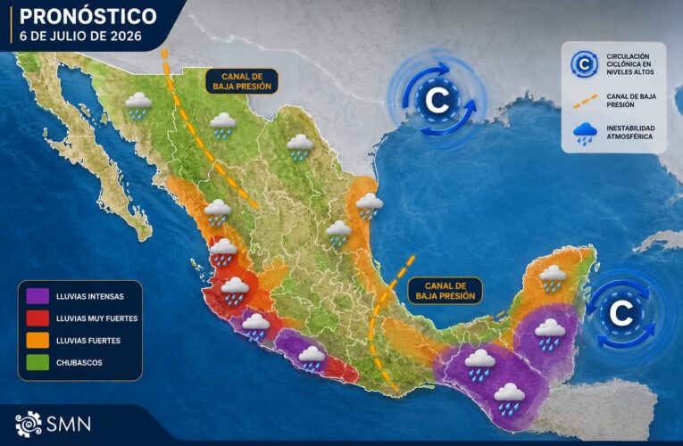 Pronostican lluvias de fuertes a muy fuertes en el sureste de México y la Península de Yucatán
